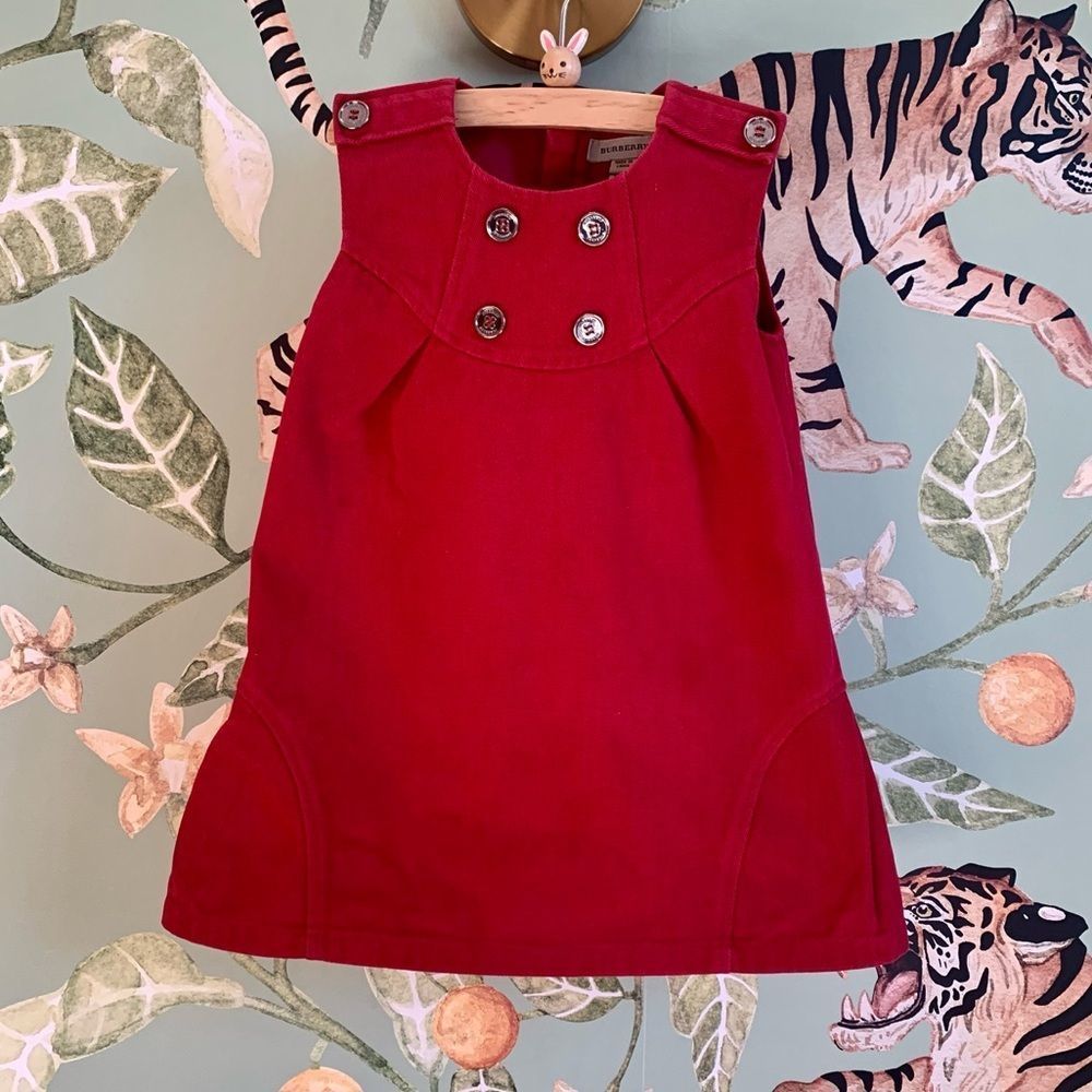 Burberry Girls’ Red Corduroy Jumper Shift Sleeveless Dress, Size Toddler 2